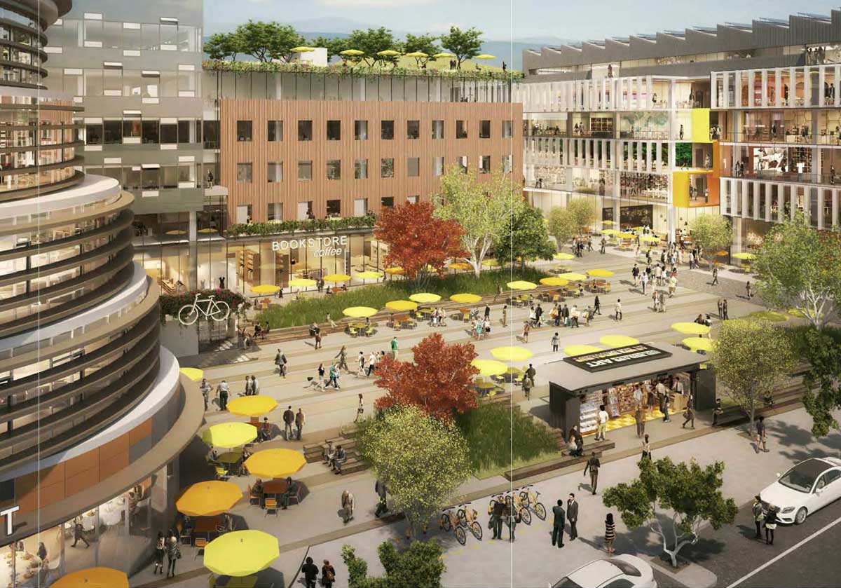 An early rendering of the proposed office/retail/housing development at the old Paper Mate site at Olympic Boulevard and 26th Street. (Image courtesy Hines)