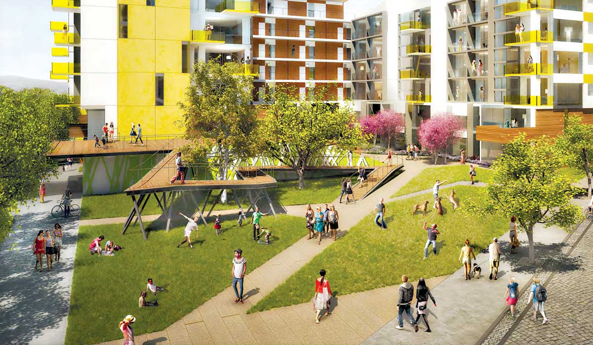 A rendering of a courtyard planned for Hines' Bergamot Transit Village at the corner of Olympic Boulevard and 26th Street. (Courtesy Hines)