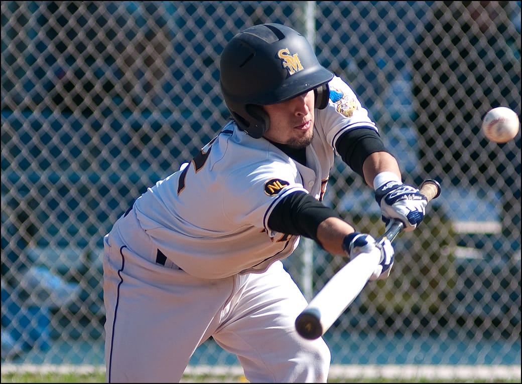 Samohi's Lino Lares lays down a bunt earlier this season. (Photo by Morgan Genser)