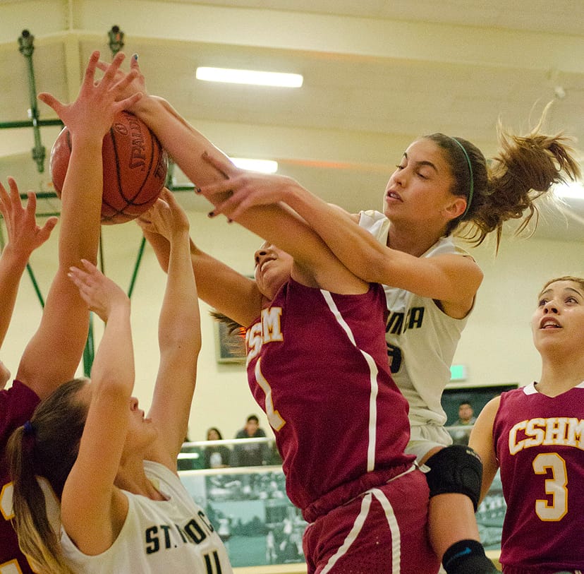 St. Monica and Cantwell-Sacred Heart battle for a rebound on Saturday. (Photo by Paul Alvarez Jr.)