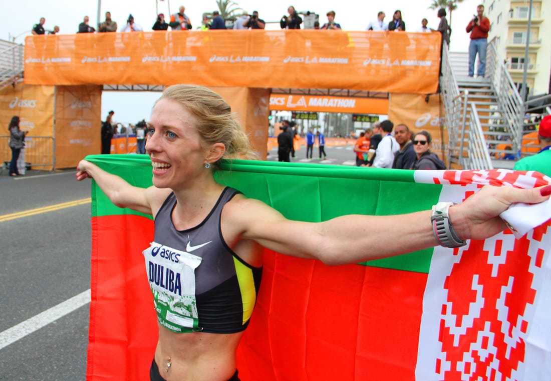 Aleksandra Duliba of Belarus celebrates winning the 2013 L.A. Marathon on Sunday. (Photo by Daniel Archuleta)
