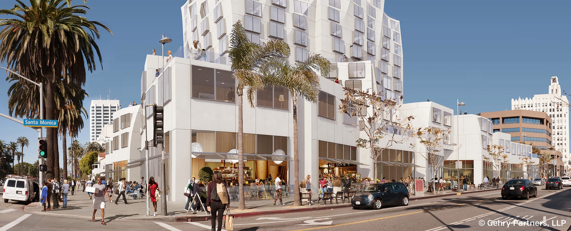 A rendering of the proposed hotel and condominium project designed by famed architect Frank Gehry for the corner of Ocean Avenue and Santa Monica Boulevard. (Gehry Partners, LLC)