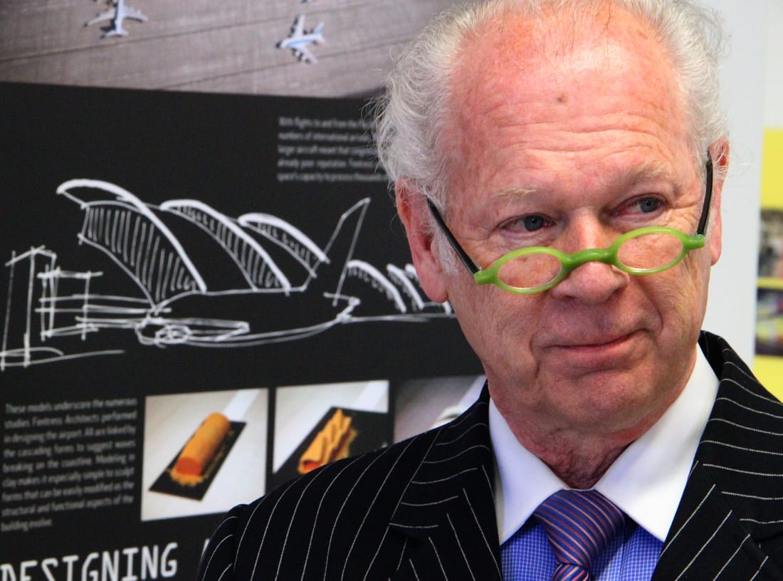 DESIGNING MIND: Curtis W. Fentress explains the inspiration behind the $1.5 billion expansion of the Tom Bradley Terminal at LAX on Wednesday afternoon. (Photo by Daniel Archuleta)