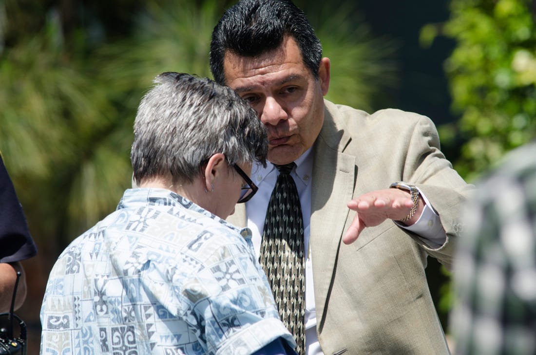 Santa Monica College Police Chief Albert Vazquez redirects a woman from the quad on Tuesday during a brief bomb threat. (Photo by Paul Alvarez Jr.)