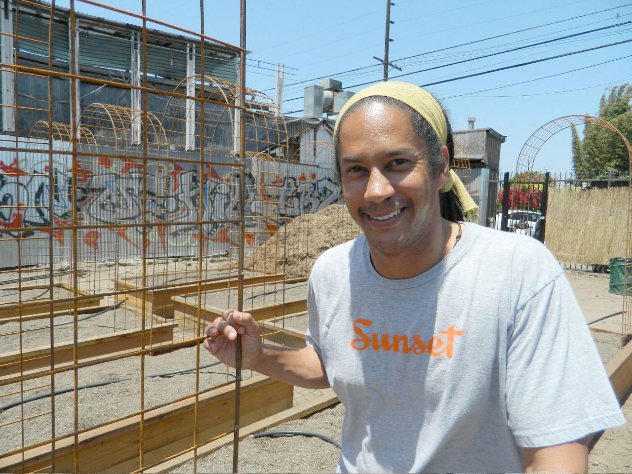 Chef Govind Armstrong poses at the future home of his chef's garden on Abbott Kinney. (Photo courtesy John Blanchette)