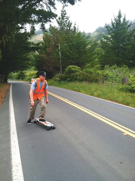 Iraq war veteran Andrew Goldsmith skates down Highway 1 on an early leg of a 900-mile-long journey along the California coast. (Photo by Bob Harington)