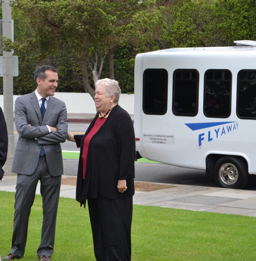 L.A. Mayor Eric Garcetti and Santa Monica Mayor Pam O'Connor attended the kick off of the new Flyaway service on Monday. (Matthew Hall)