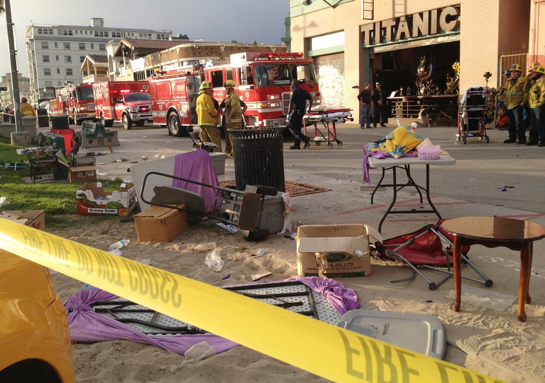 the scene: Los Angeles Fire Department personnel survey the aftermath of an incident that left one tourist dead in Venice on Saturday. (Photo courtesy Byron Kennerly)