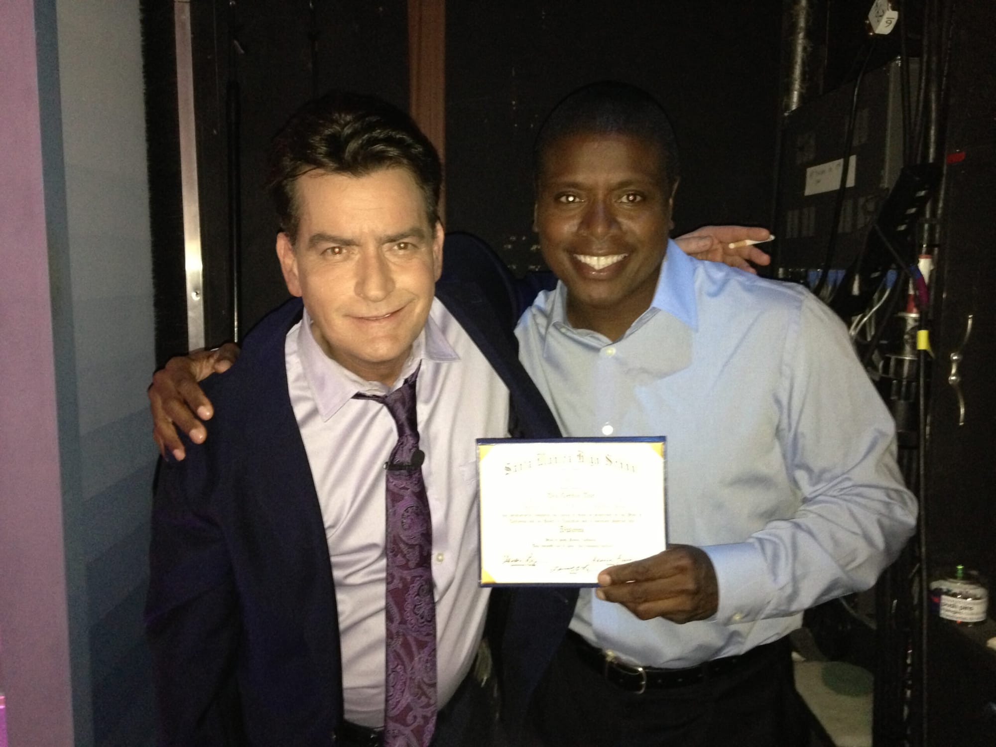 Actor Charlie Sheen (right) with good friend Tony Todd backstage at 'The Tonight Show with Jay Leno.' (Photo courtesy Tony Todd)