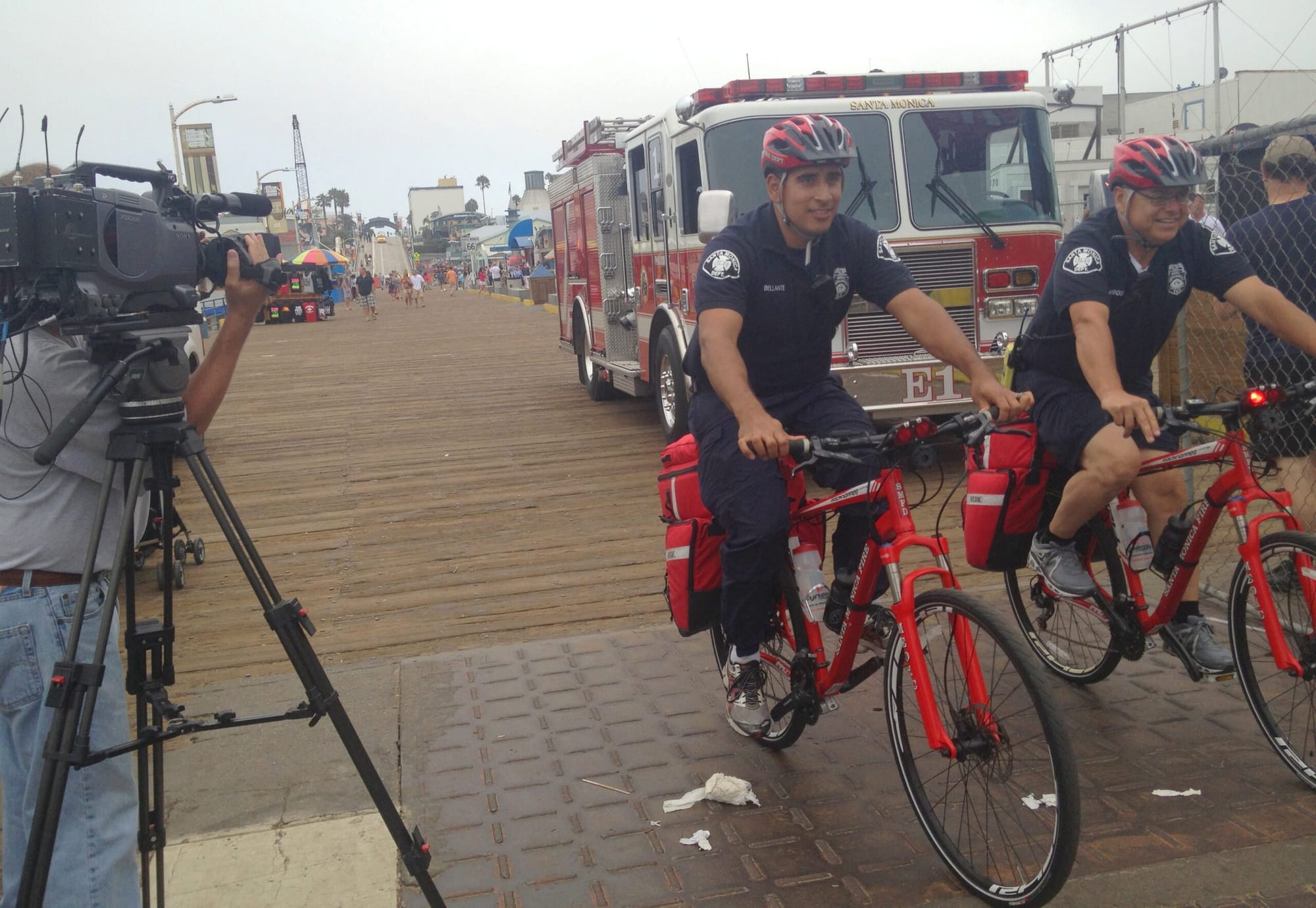 Santa Monica Fire Department personnel show off their emergency bikes on the Santa Monica Pier last week during a video shoot for CityTV, the local public access channel. (Photo courtesy Tamara Henry)