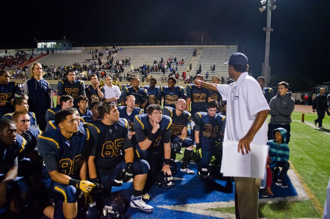 WORDS FOR THE BOYS: Samohi head coach Travis Clark talks to his team after losing to Mater Dei last week at Corsair Field. (Paul Alvarez Jr. editor@www.smdp.com)