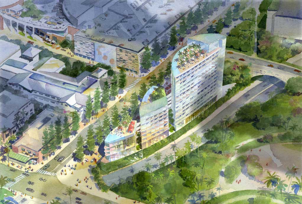 A rendering of the proposed Wyndham Hotel remodel that would include three buildings, that tallets being 195 feet, or 15 stories. The hotel is located at the corner of Colorado and Ocean avenues. (Rendering courtesy Felcor Lodging Trust)