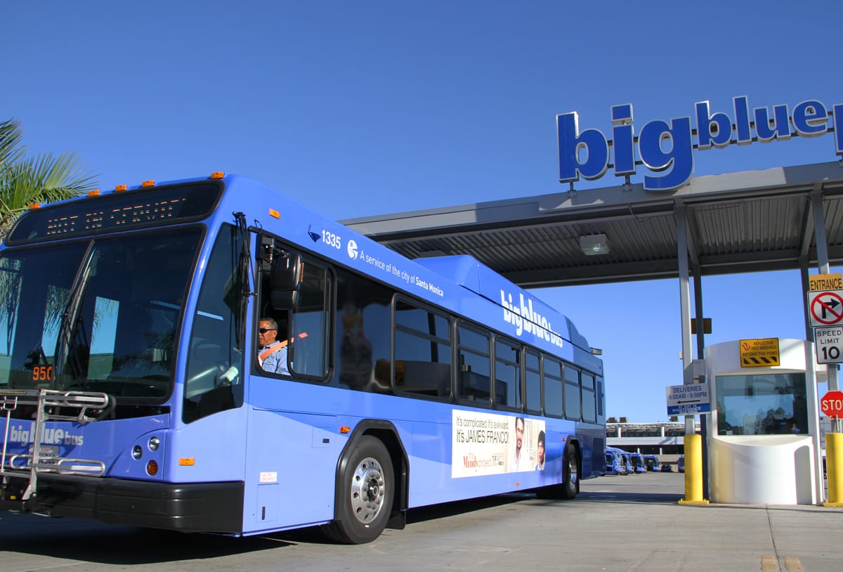 An out-of-service bus leaves the Big Blue Bus yard on Monday. (Daniel Archuleta daniela@www.smdp.com)