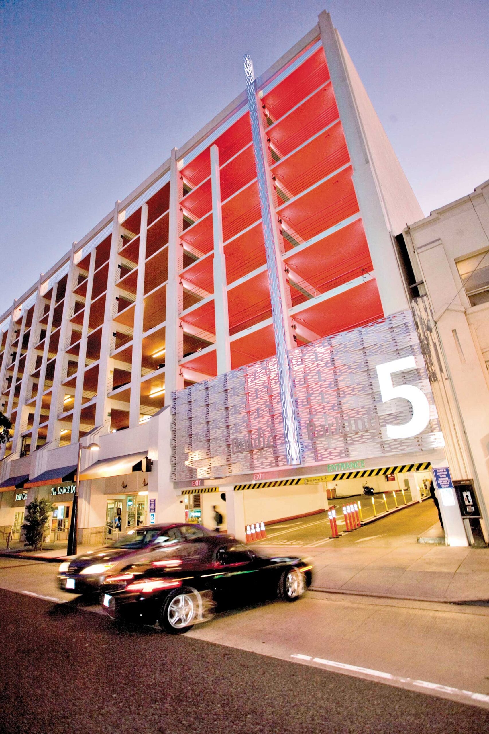 Downtown Parking Structures feature public artwork in the form of lighted poles by Cliff Garten Studio to help drivers remember where they parked. (File photo)