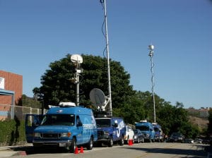 News trucks parked outside Malibu High School Monday. (Photo by Jimy Tallal/Malibu Times)