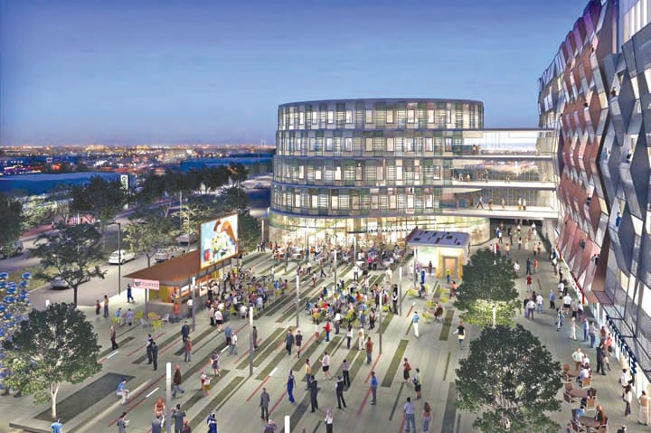 A rendering of the proposed main plaza for the Bergamot Transit Village. (Rendering courtesy Hines Corp./Gensler)
