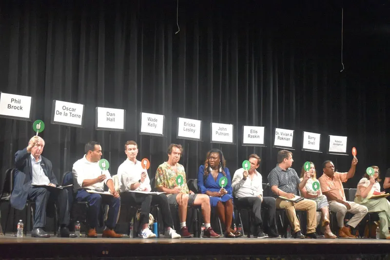 Ten candidates for Santa Monica City Council sit on stage during a candidate forum, holding up "thumbs up" or "thumbs down" signs to show their approval or disapproval on a topic.