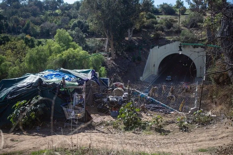 A homeless encampment at the Figueroa St. Viaduct above Highway 110 in Elysian Valley Park in Los Angeles on Nov. 18, 2022. Photo by Larry Valenzuela, CalMatters/CatchLight Local