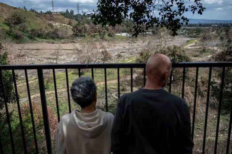 The backs of two people as they stand next to each other near a black metal metal overlooking an open area damaged by a wildfire.